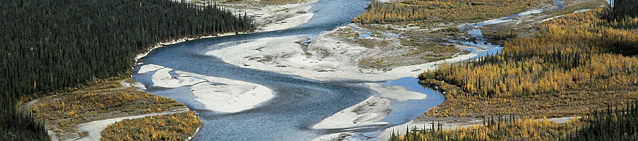 Der ungezähmte und frei laufende Wind River, ein Zufluss des Peel Rivers